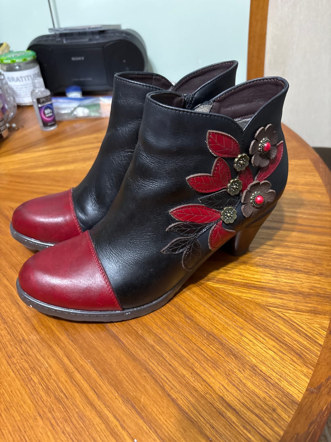 Customer photo review of Retro Boho Floral Charm Ankle Boots