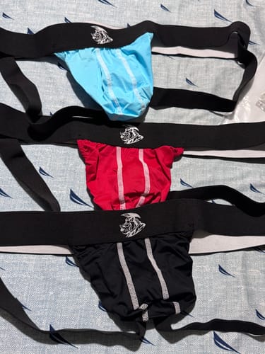 Customer photo review of Nylon 0in Mesh Jockstrap No Fly 3pk Black/Light Blue/Red