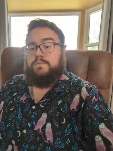 Customer photo review of Episodic Owl Floral Button Up Shirt