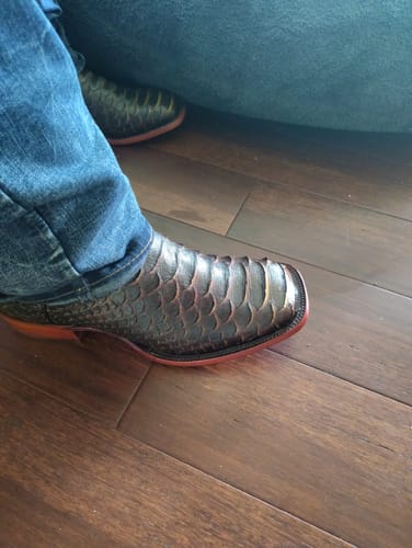 Customer photo review of “Bumblebee” Brown Jumbo Python Leather Boots - Square Toe