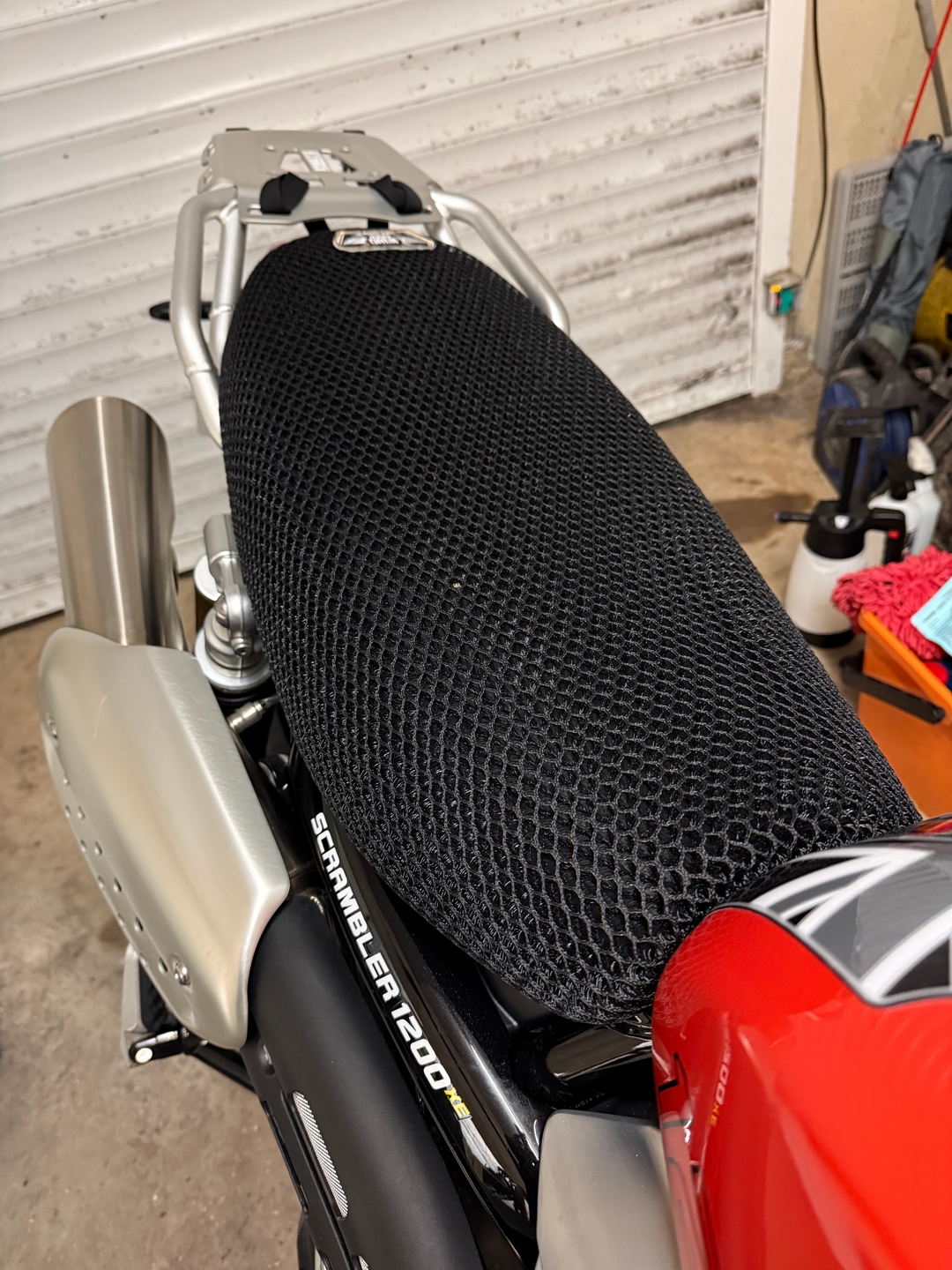 Wind Rider mesh seat cover on a Triumph Scrambler 1200
