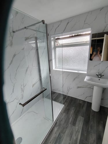 Customer photo review of Premium Carrara White Marble Gloss Shower Wall Panel – 1M x 2.4M