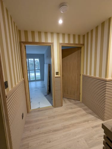 Customer photo review of SlatWall Acoustic Half Height Natural Oak and Black Panel