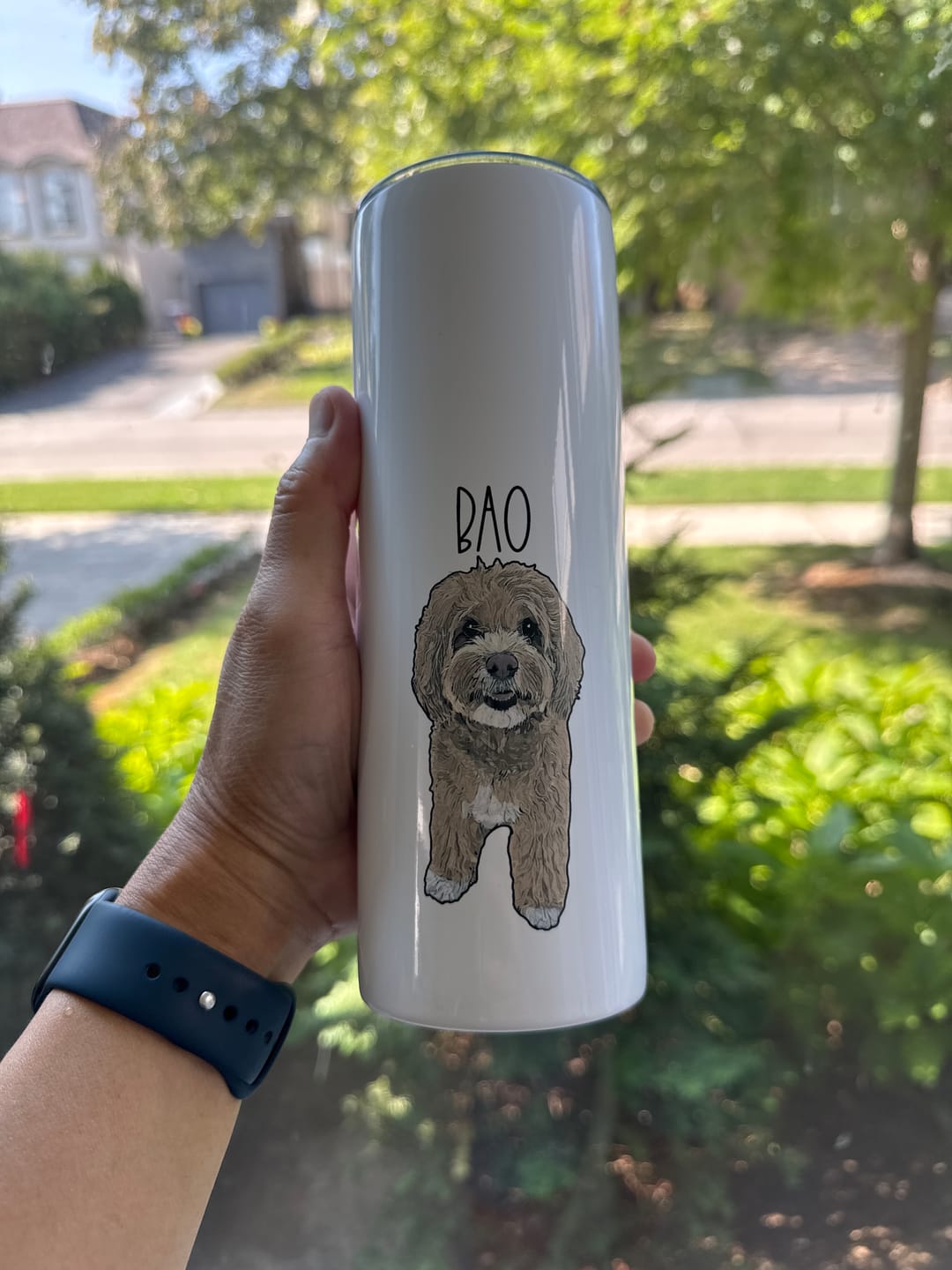Customer photo review of Custom Tumbler with Your Pet’s Face – 20oz Personalized Drinkware for Pet Lovers