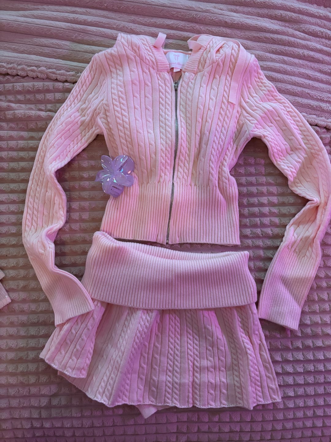 Customer photo review of Strawberry Milk Cable Knit Zip up Cardigan (Pink)