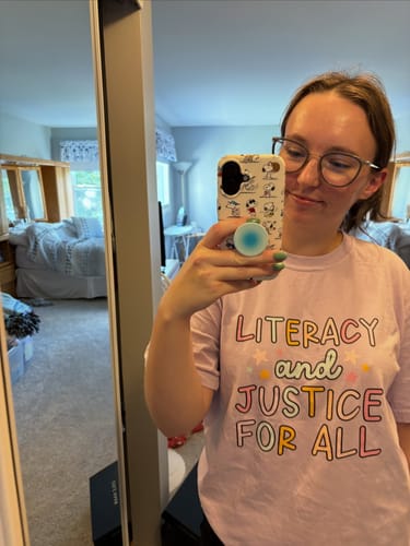 Customer photo review of Literacy and Justice for All T-Shirt | Pastel Pages