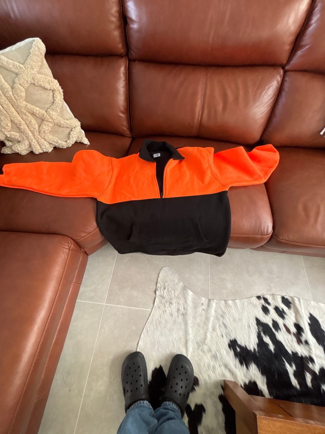 Customer photo review of Flouro Orange & Black | Half Zip Long Tail Collared Jumper