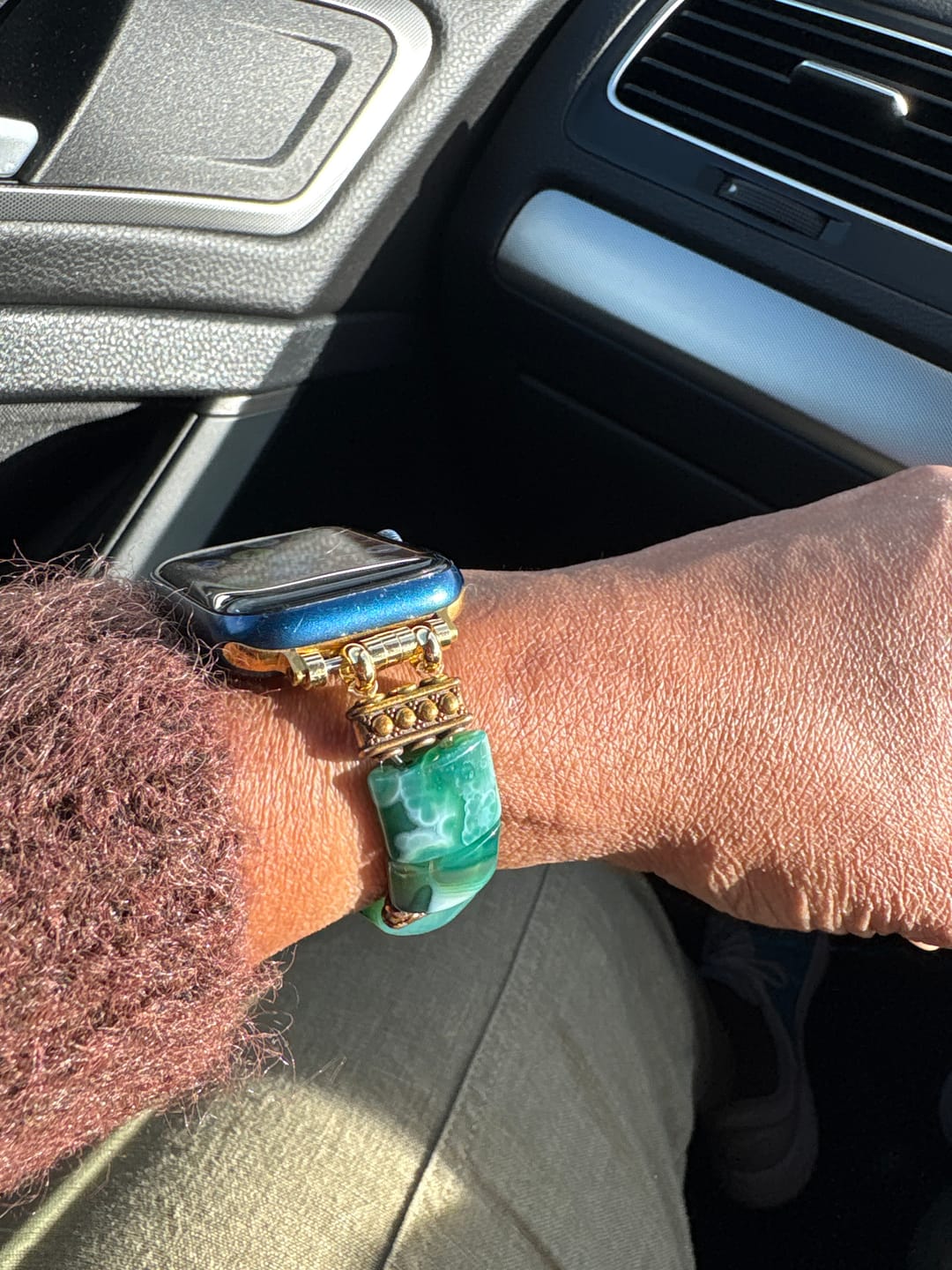 Customer photo review of Evergreen Serenity Agate Stretch Apple Watch Strap