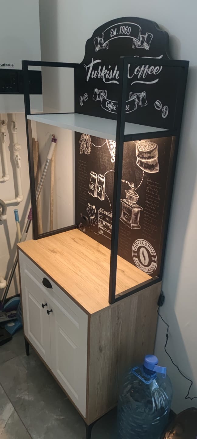Customer photo review of Rani JE158 Işıklı Kahve Köşesi Membran Kapaklı Çekmeceli Çok Amaçlı Mutfak Dolabı Sepet Ceviz - Beyaz