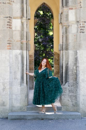 Customer photo review of Ruffle Sleeves V Neck Print Tulle Dark Green Midi Dress