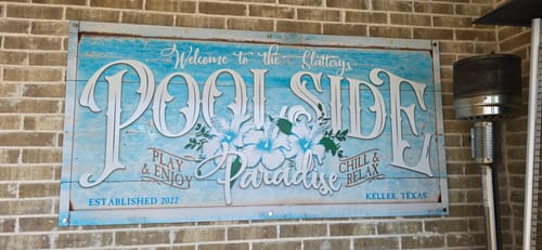 Customer photo review of Personalized Pool Sign Poolside Paradise Teal Wood
