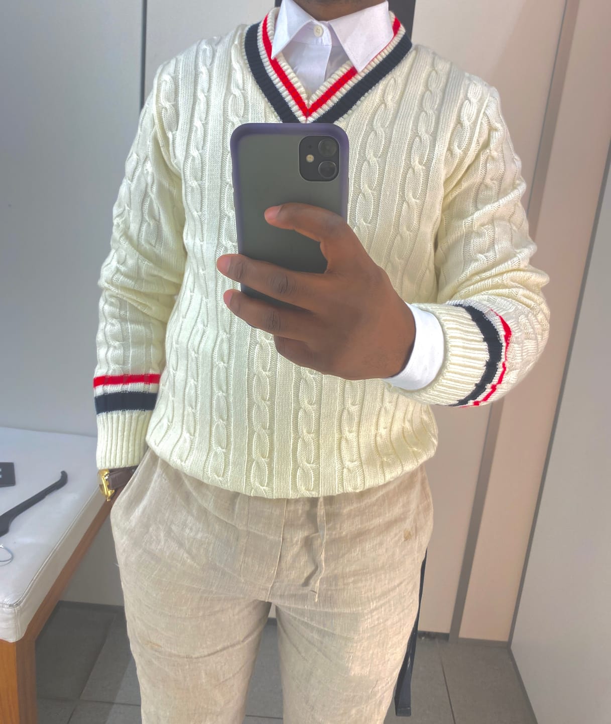Customer photo review of Cream, Red & Blue Cricket Jersey