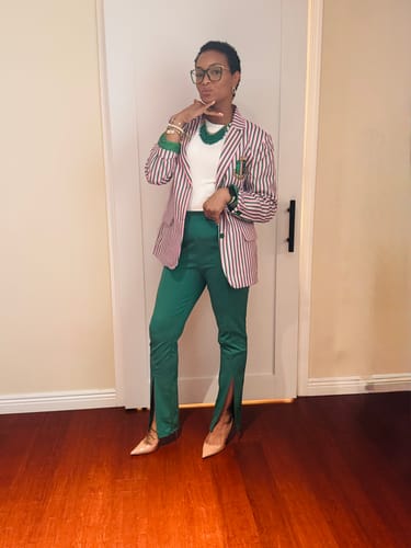 Customer photo review of AKA Pink and Green Striped Blazer