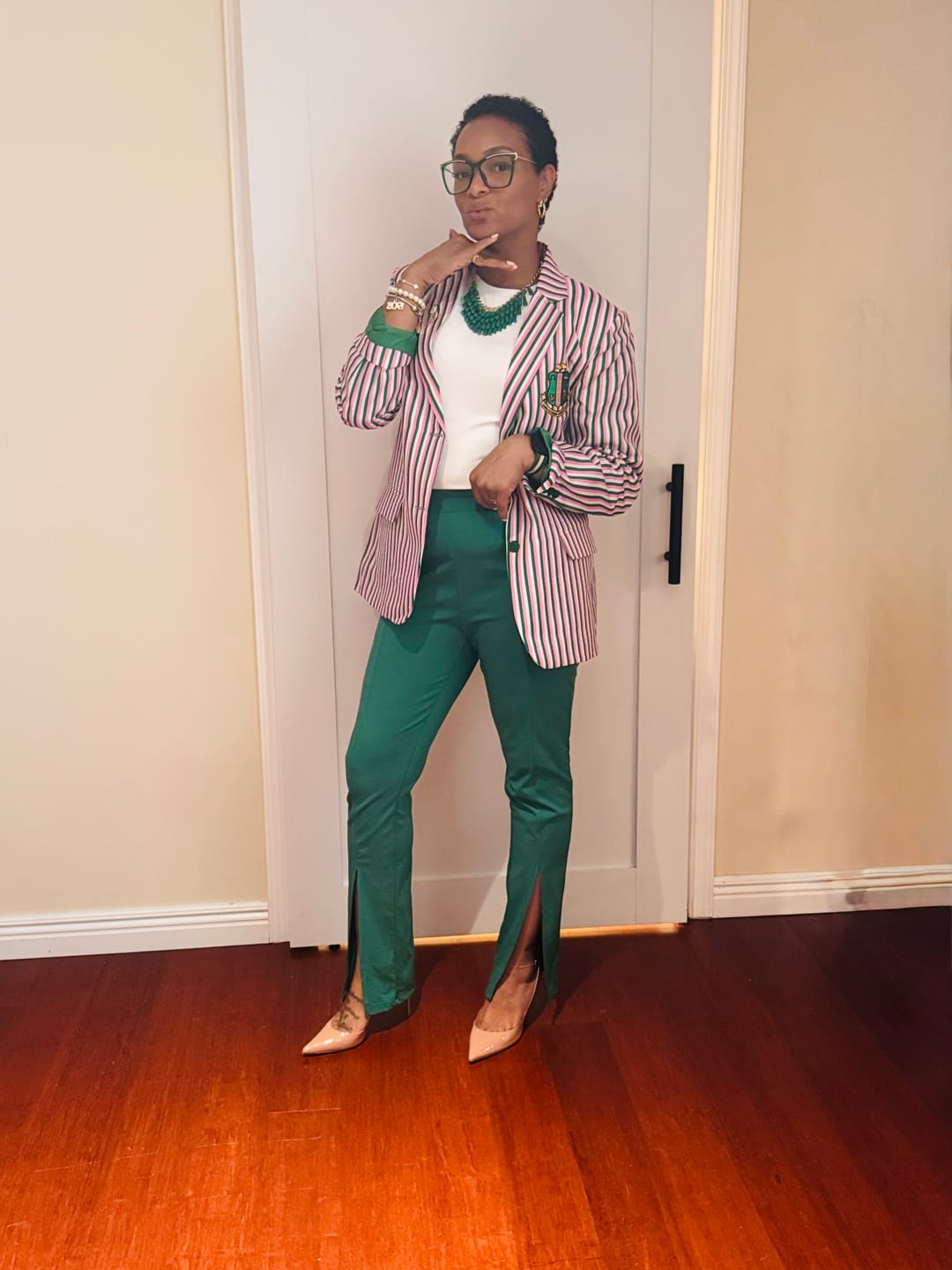 Customer photo review of AKA Pink and Green Striped Blazer