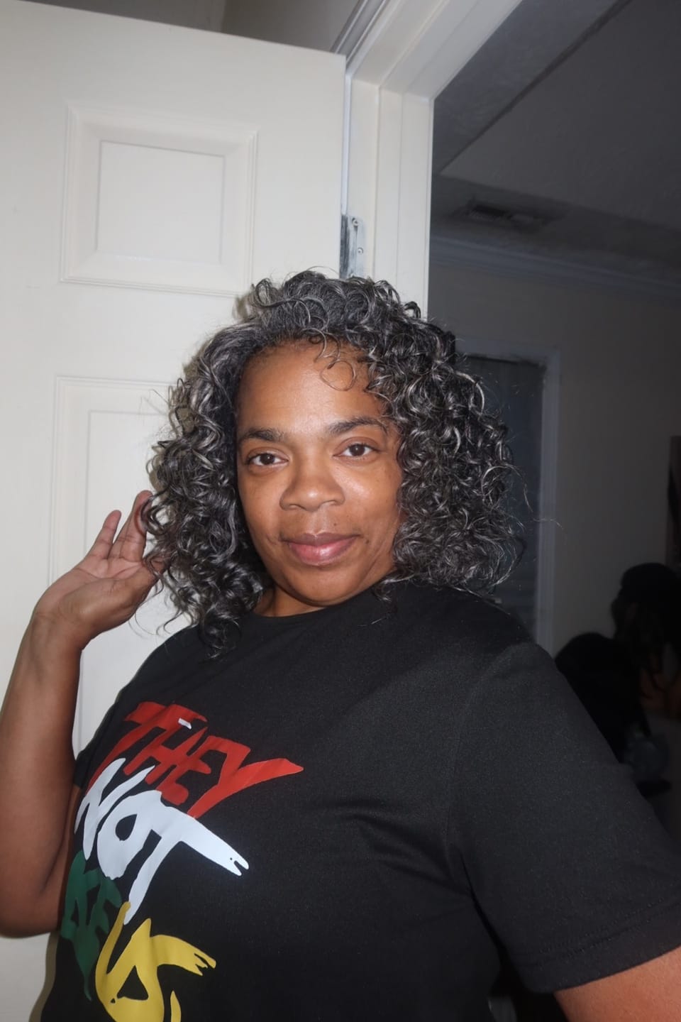 Customer photo review of Luvwin 5x5 Gentle  Curly Salt And Pepper Glueless Grey Color Pre-Cut Lace Bob Wig