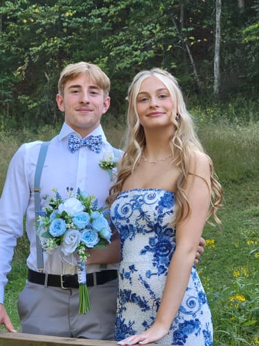 Customer photo review of French Blue Floral Bow Tie & Dusty Blue Suspenders Set