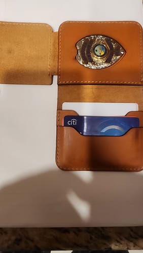 Customer photo review of Minimalist Badge Wallet - Chestnut Brown
