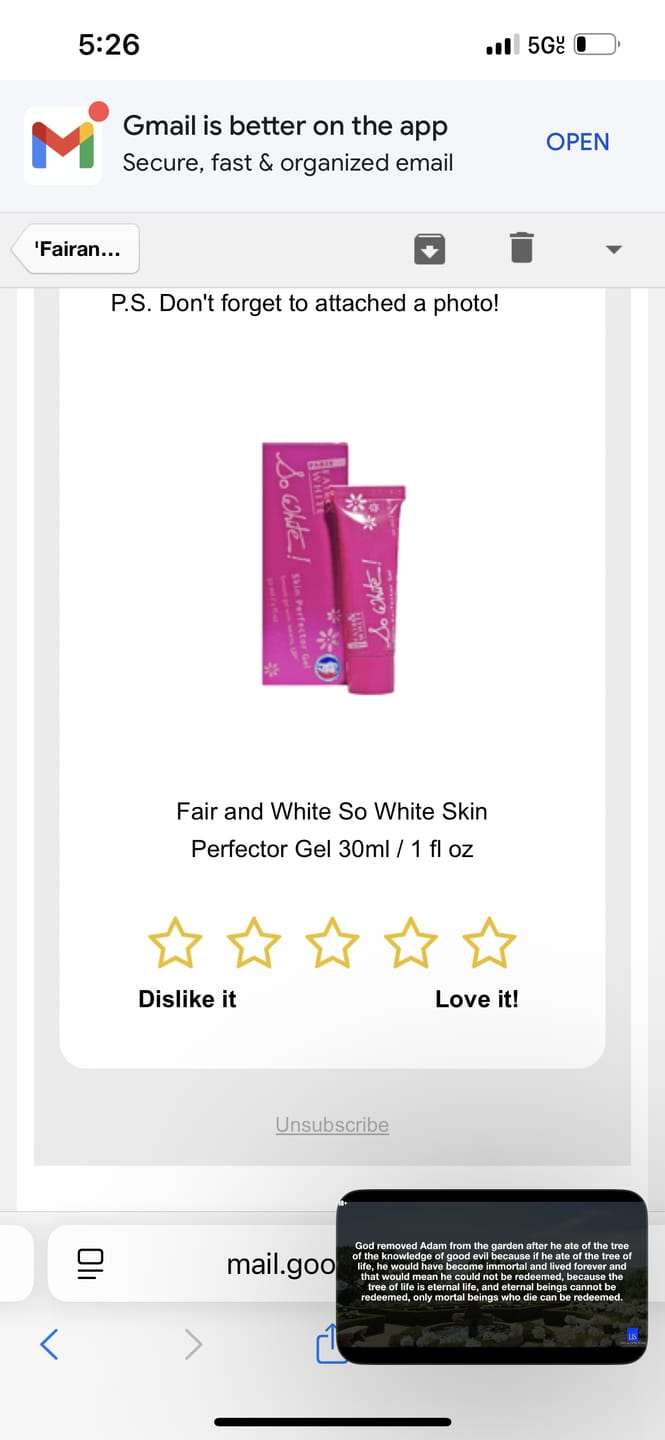 Customer photo review of Fair and White So White Skin Perfector Gel 30ml / 1 fl oz