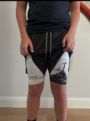 Customer photo review of John 3:16 'The Cross' Youth Performance Shorts