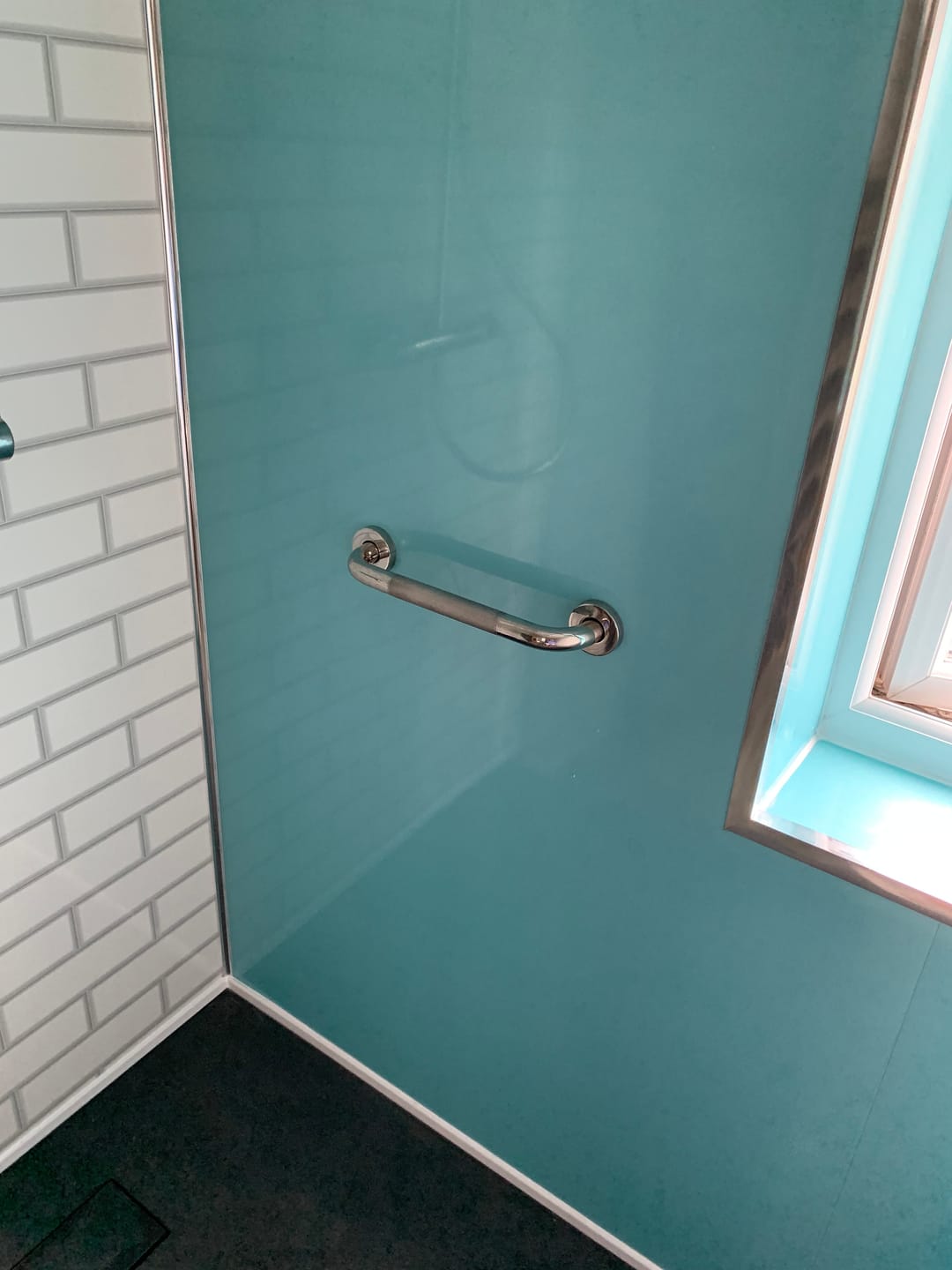 Customer photo review of 10mm Aqua Blue Shimmer Gloss Shower Panel 1M x 2.4M