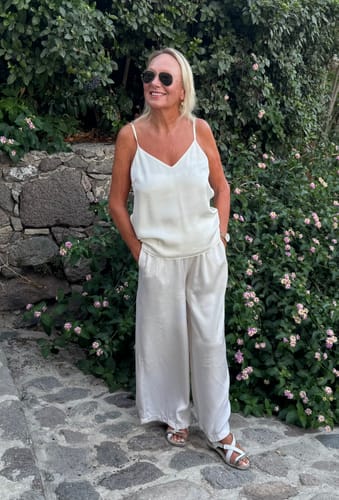 Customer photo review of Daisy Elastic Waist Satin Pants | Ivory