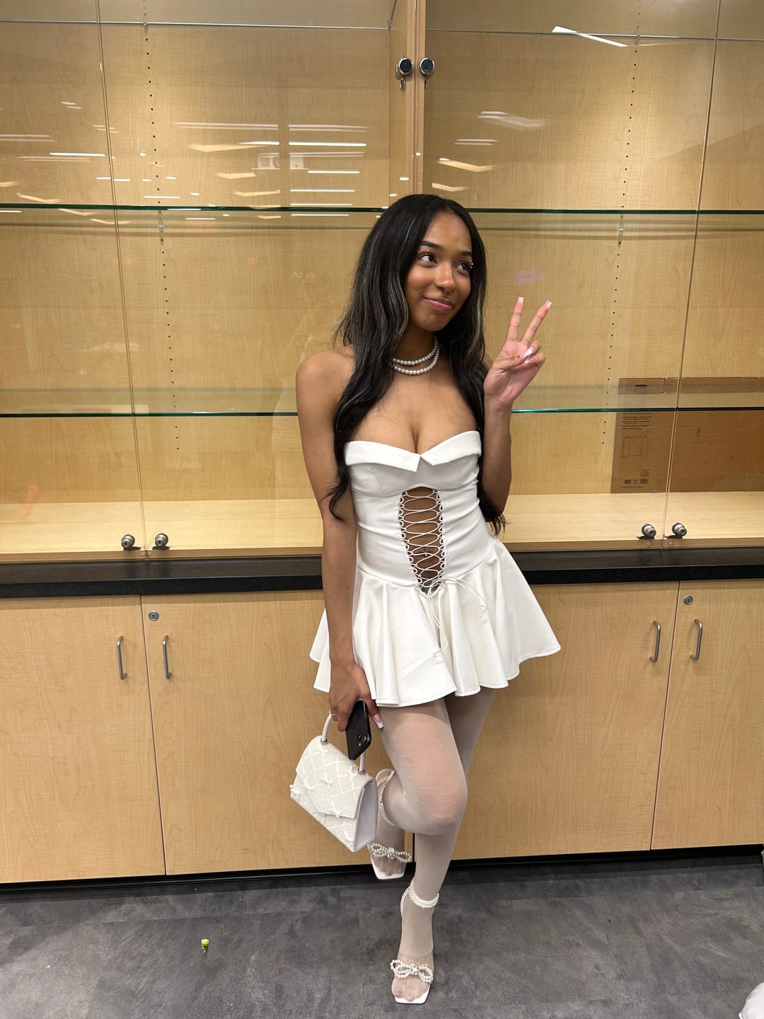 Customer photo review of Allison Faux Leather Corset Flare Mini Dress