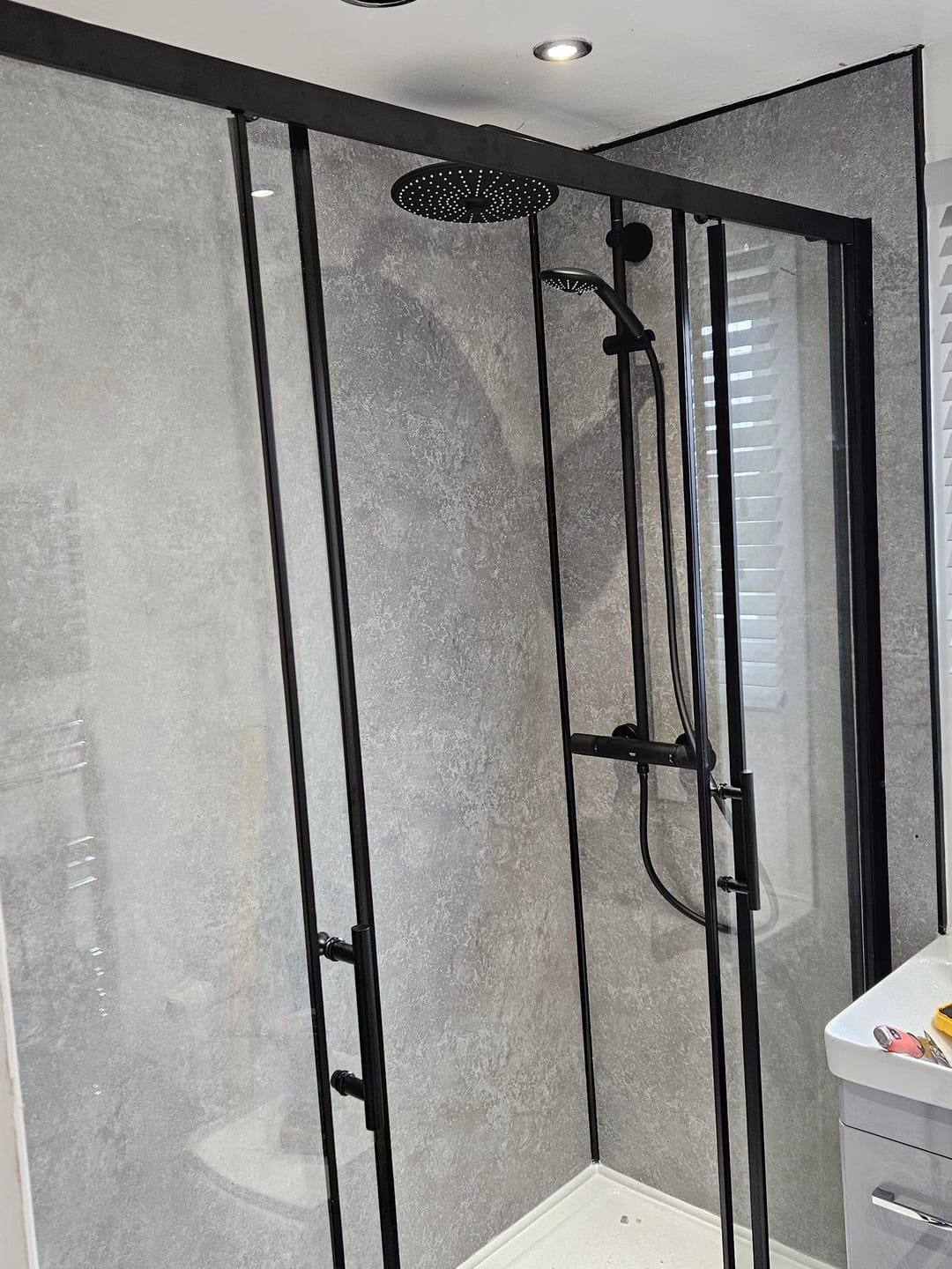Customer photo review of Premium Grey Concrete Matt Shower Wall Panel – 1M x 2.4M