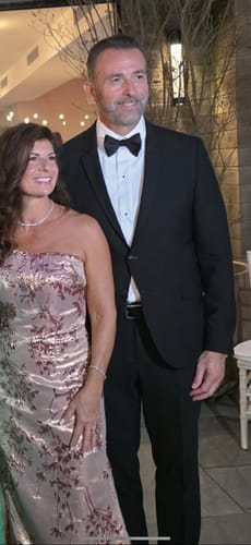 Customer photo review of Strapless Fit and Flare Brocade Gown