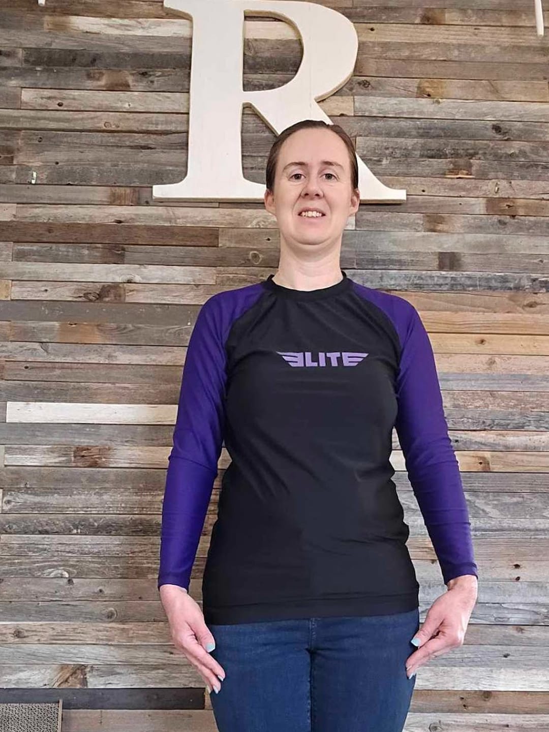 Customer photo review of Standard Purple Long Sleeve No-Gi Womens BJJ Rash Guard
