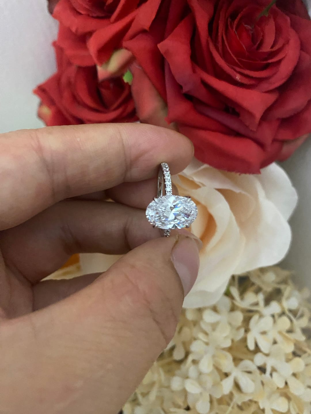 Customer photo review of S925 4.0Ct Oval Cut Classic Hidden Halo Pavé Engagement Ring Promise Ring