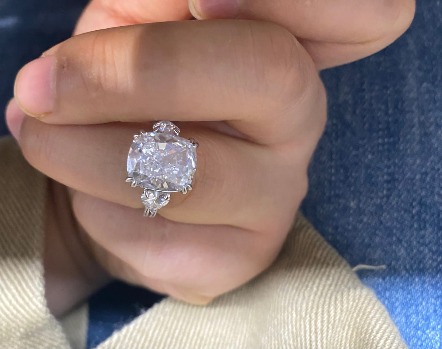Customer photo review of S925 6.0Ct Cushion Cut Three Stone Engagement Ring Simulated or Moissanite Diamond Bridal Rings For Women