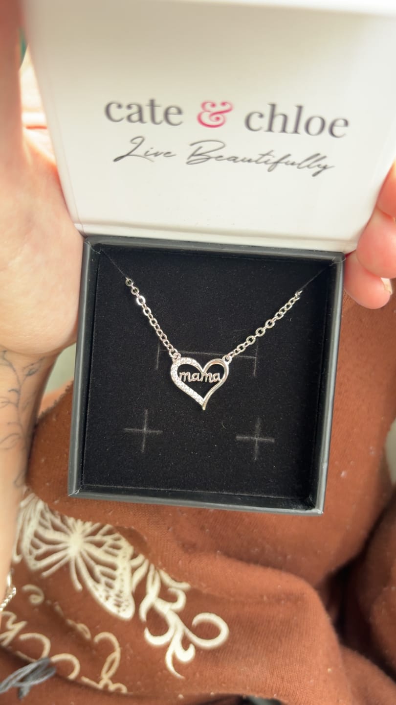 Customer photo review of Louise 18k White Gold Plated Mama Heart Necklace with Simulated Diamond Crystals