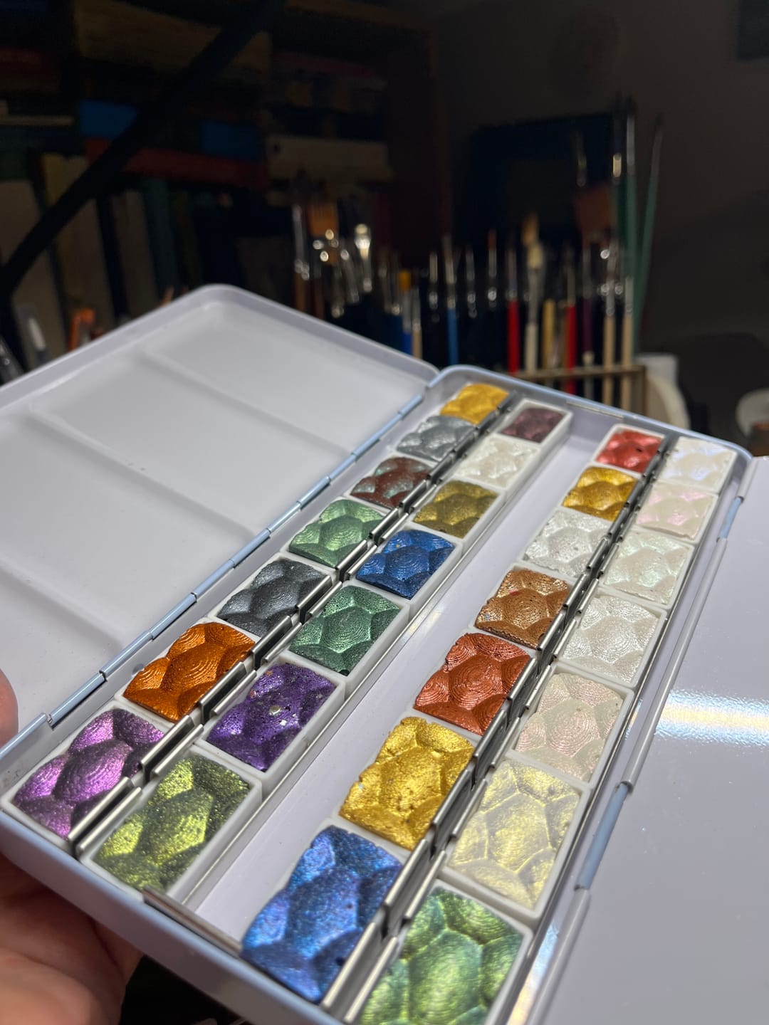 Customer photo review of Skrim Bombastico Box – 63‑Color Watercolor Bundle – 2‑Box Set (Metallic, Glitter, Color‑Shifting) ALL OUR WATERCOLORS INCLUDED