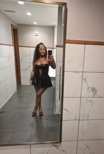 Customer photo review of Allison Faux Leather Corset Flare Mini Dress