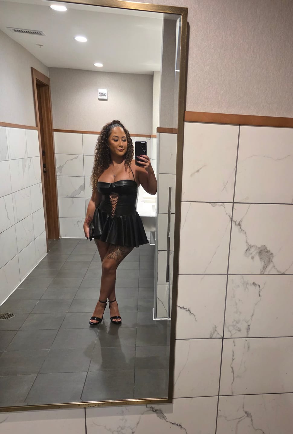 Customer photo review of Allison Faux Leather Corset Flare Mini Dress