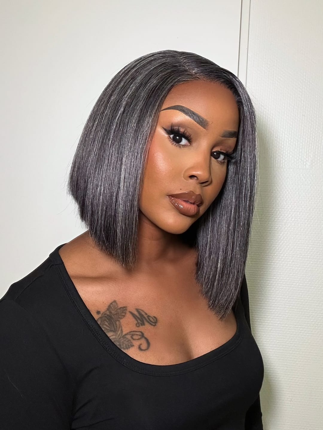 Customer photo review of Luvwin 5x5 Salt And Pepper Glueless Gray Color Pre-Cut Lace Straight Bob Wig For Black Women