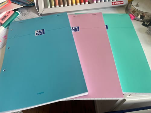 Avis photo d'un client sur OXFORD bloc notes perforé Smart # A4+ - Grands carreaux - 80 feuilles agrafées (160 pages) - Compatible Scribzee - Bleu pastel