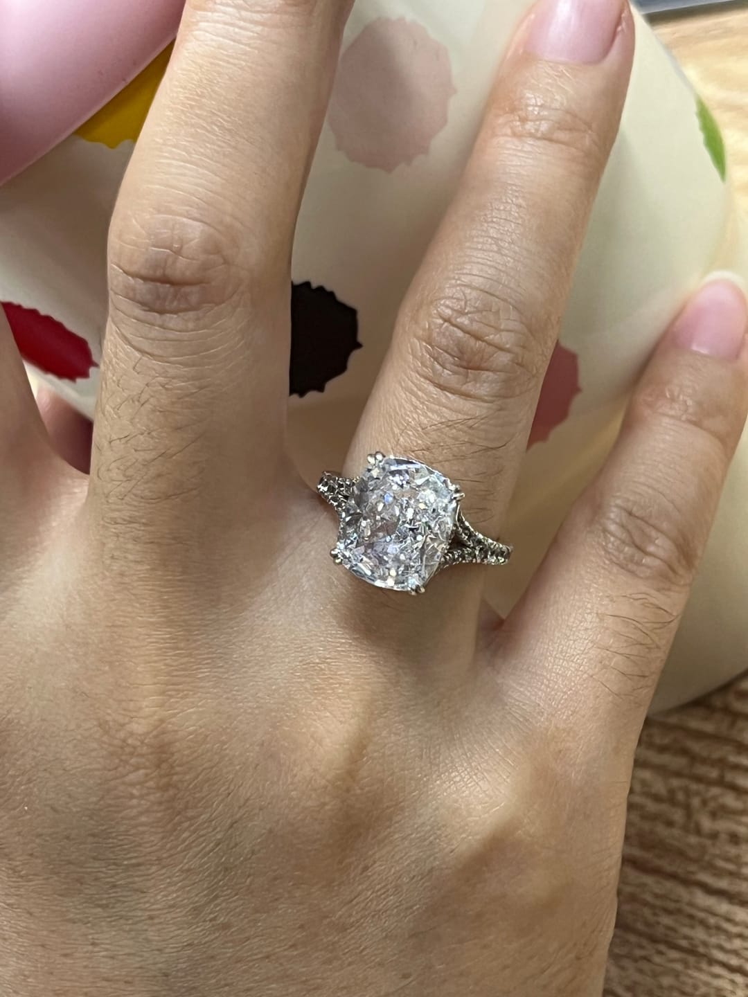 Customer photo review of S925 7.0Ct/4.0Ct Split Shank Cushion Cut Engagement Ring 18K White Gold Plated Travel Rings with Pavé Accents