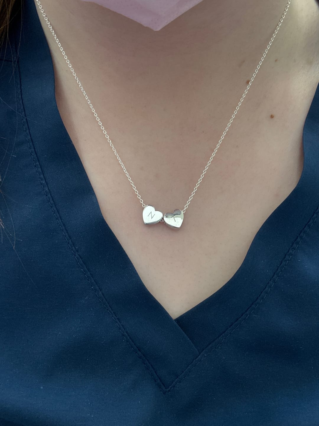 Customer photo review of Amo Heart Double Bead Necklace in Silver