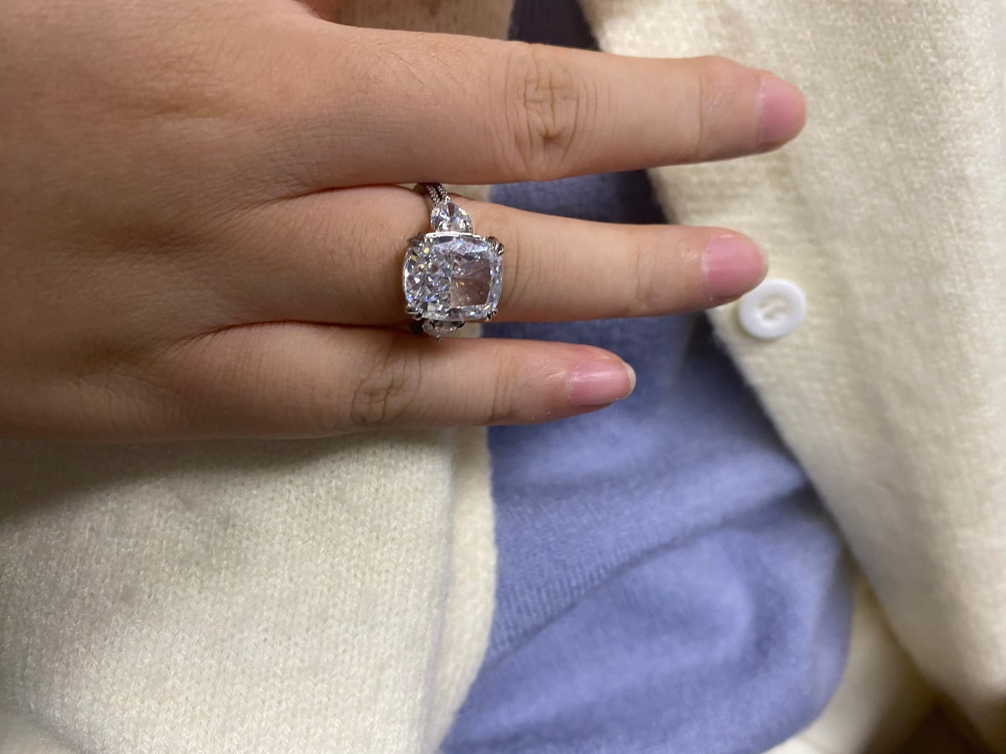 Customer photo review of S925 6.0Ct Cushion Cut Three Stone Engagement Ring Simulated or Moissanite Diamond Bridal Rings For Women