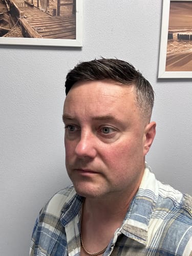 Customer photo review of Men Hair System Extra Light Density V-loop 0.03mm Ultra-thin skin base Sage|No-shine under Lights, Blends Well with Your Skin