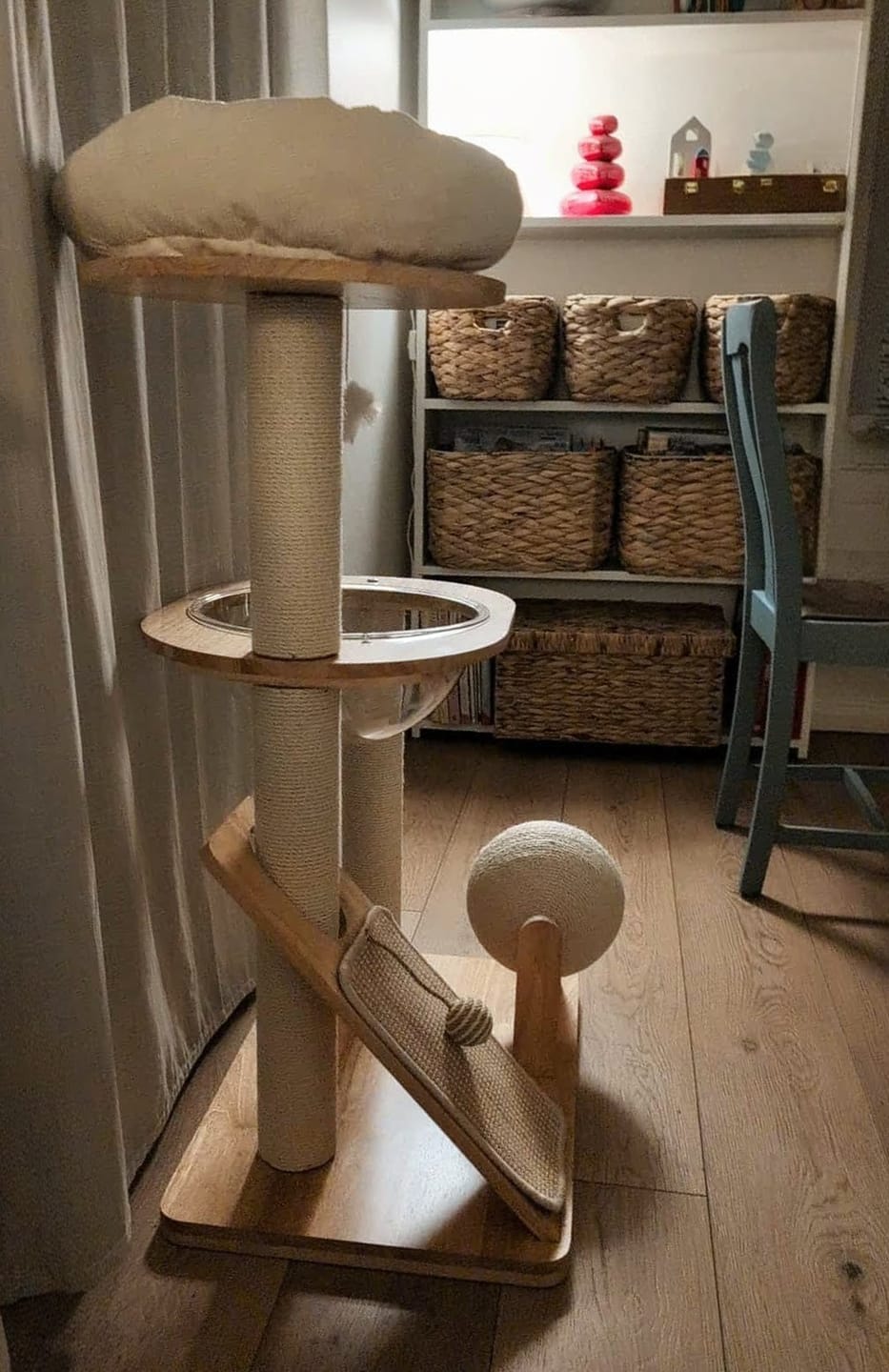 Customer photo review of 3-Tier Wooden Cat Tree with Scratching Posts & Play Features