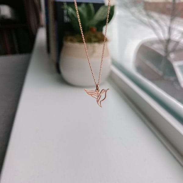Customer photo review of Hummingbird Necklace – Gold Vermeil on Sterling Silver Dainty Charm