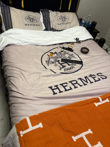Customer photo review of Beige and Gray Hermes bed set