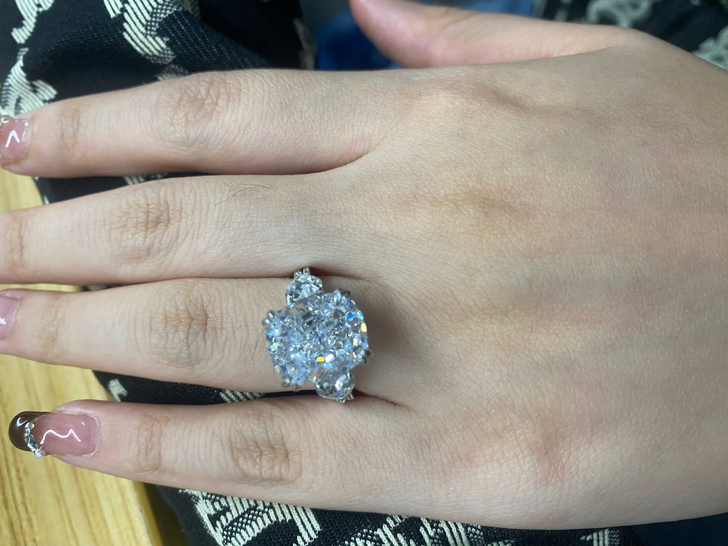 Customer photo review of S925 6.0Ct Cushion Cut Three Stone Engagement Ring Simulated or Moissanite Diamond Bridal Rings For Women