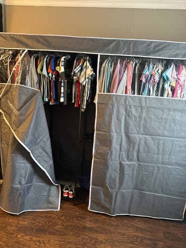 Customer photo review of Raybee 90.6''W Heavy Duty Clothes Rack with Cover,1200lbs Freestanding Garment Rack for Bedroom