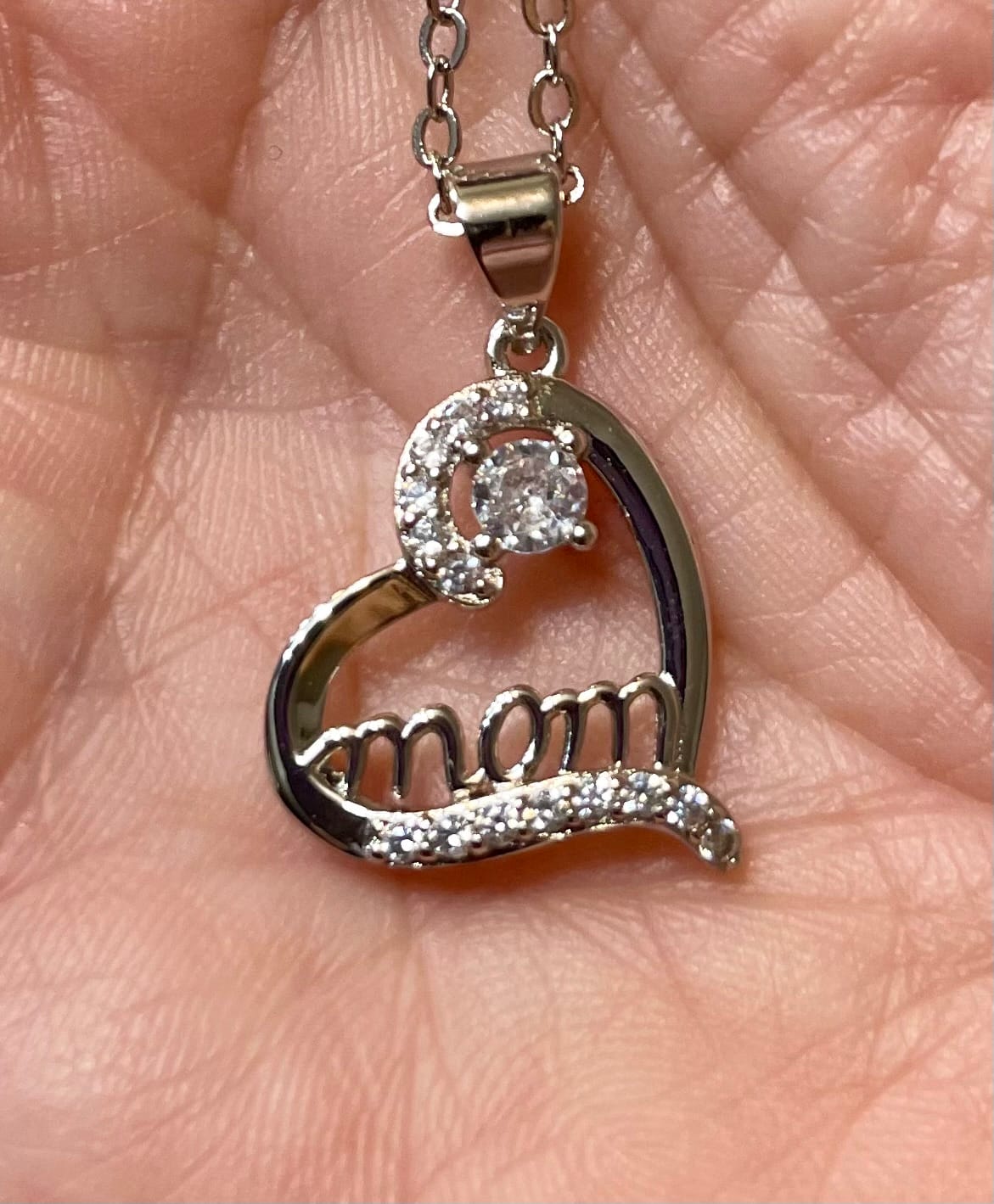 Customer photo review of Thelma 18k White Gold Plated Mom Heart Necklace with Simulated Diamond Crystals