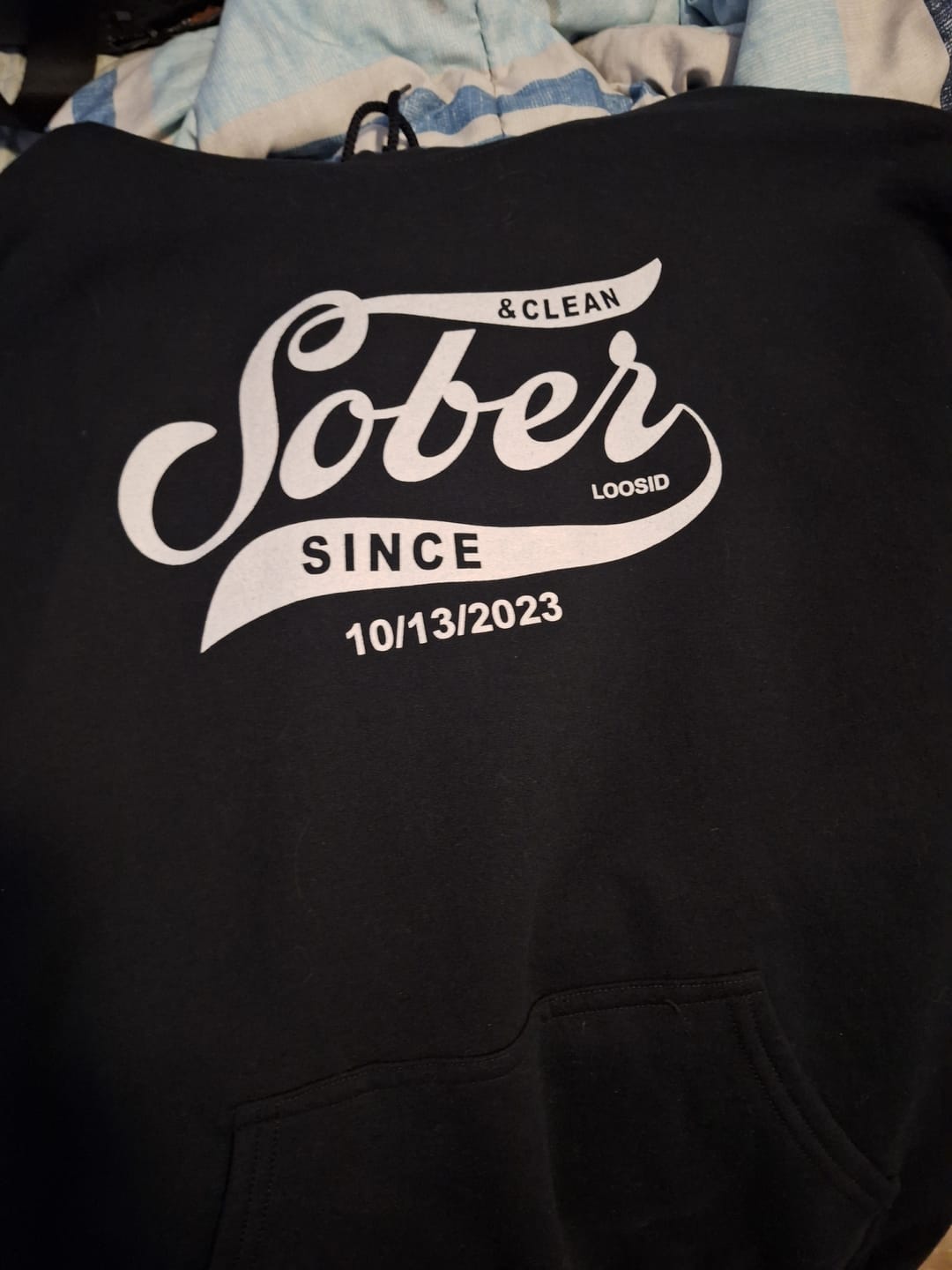 Customer photo review of Recovery Hoodie | Sober Since Unisex Hoodie with Custom Sobriety Date