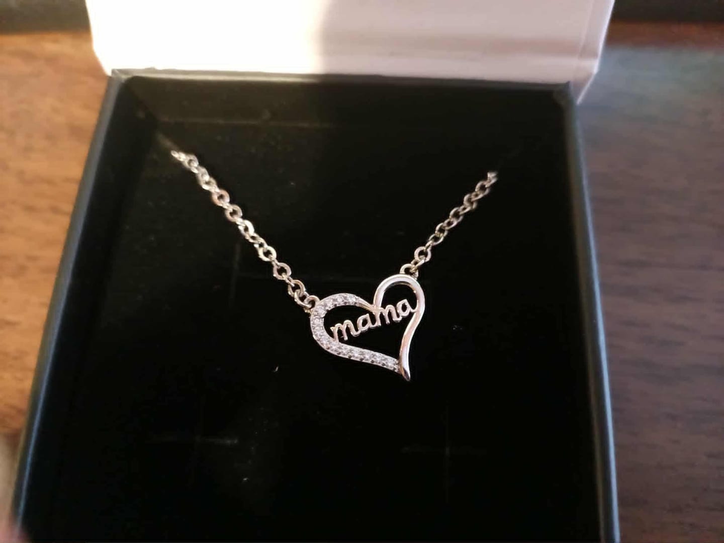 Customer photo review of Louise 18k White Gold Plated Mama Heart Necklace with Simulated Diamond Crystals