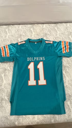 Customer photo review of Custom Aqua White-Orange Classic Style Mesh Authentic Football Jersey